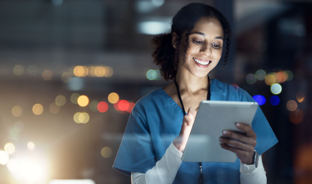 Medical, research and night with doctor and tablet for planning, medicine and schedule. Technology, review and digital with black woman reading report for healthcare, science and life insurance news.